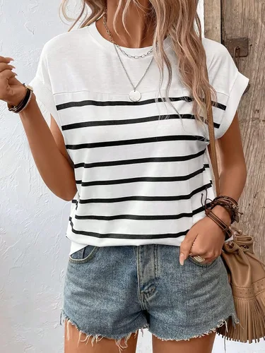 Miniatura 4 de Floerns Camiseta casual de manga casquillo con cuello redondo y estampado de rayas para mujer