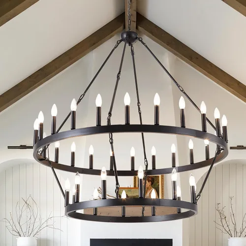 Miniatura 8 de Candelabro de iluminación de rueda de carro, 6 luces con pantalla de vidrio semillado, lámpara redonda de madera para cocina, isla de vestíbulo