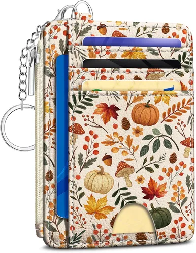 Kelvoris Tarjetero pequeño para mujer, cartera delgada con bloqueo RFID, llavero con bolsillo para monedas con cremallera, bolsillo frontal,