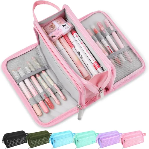 Miniatura 14 de Sooez Estuche grande para lápices, bolsa para lápices de gran capacidad con 3 compartimentos, organizador portátil de artículos de papelería de lona