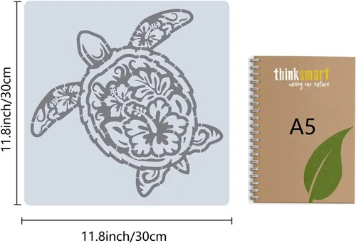 Miniatura 2 de GORGECRAFT Plantilla de tortuga marina hueca de 11.8 x 11.8 pulgadas, plantillas de pintura de flores de hibisco de animales oceánicos, plantillas