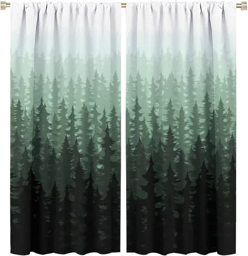 Miniatura 39 de BAEKJIN Cortinas verdes de bosque brumoso, acuarela, naturaleza, paisaje, plantas, árbol, bolsillo para barra, opacas, tratamiento de ventana