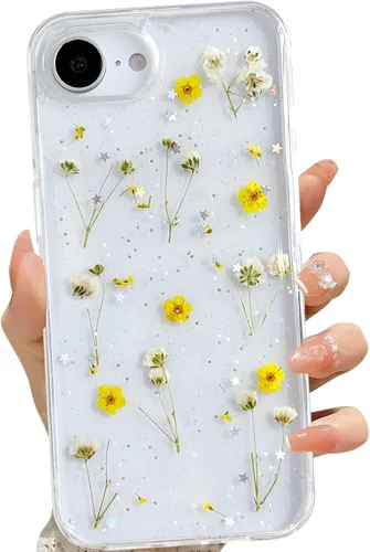 Miniatura 44 de LSEEKA Funda transparente para iPhone 13 Mini/iPhone 12 Mini con diseño de flores reales prensadas, con purpurina, bonito patrón floral blanco, Oro
