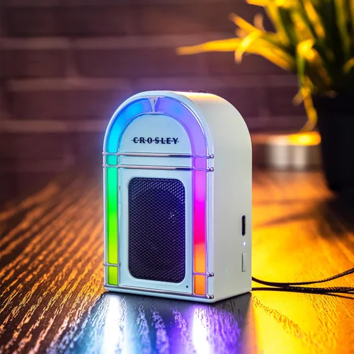 Miniatura 6 de Crosley CR3046A-AB Mini Jukebox Altavoz Bluetooth portátil con luces LED y micrófono, azul aguamarina Azul Aqua