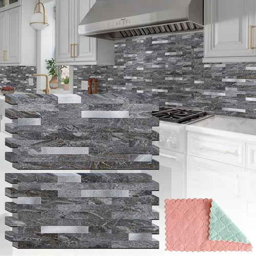 Miniatura 11 de StyloVue 20 hojas para despegar y pegar para cocina, mármol blanco con aspecto de metal plateado que se pega en azulejos para mejorar tu cocina