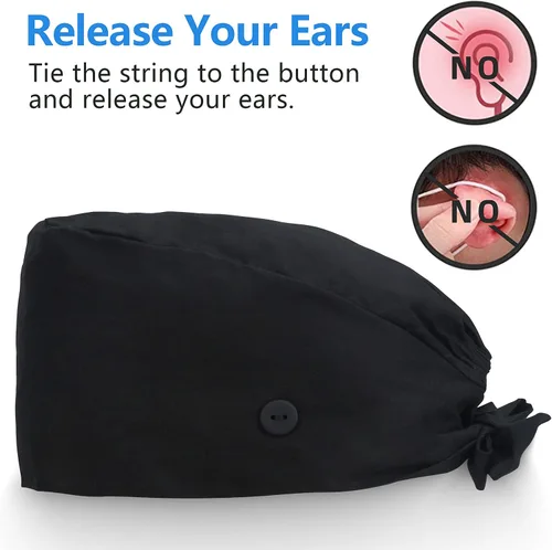 Miniatura 3 de QBA Gorra de trabajo ajustable con botón, gorro de trabajo de algodón, banda elástica para atar en la espalda, para mujeres y hombres, talla única