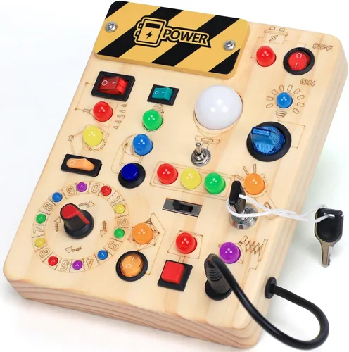Tablero de actividades con interruptores de luz LED, juguetes Montessori para niños de 1, 2, 3 años, tablero de actividades sensoriales de madera