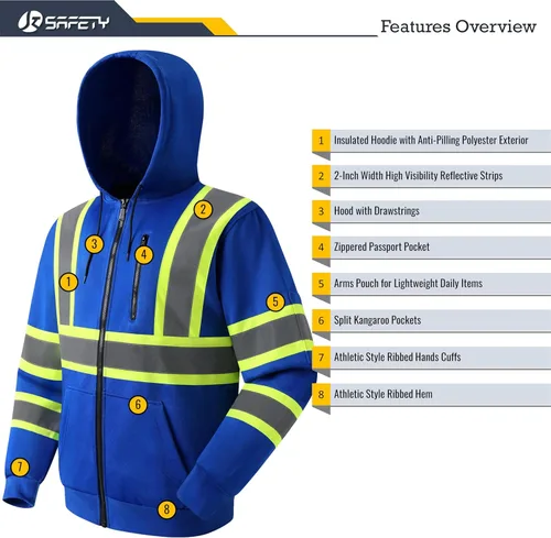 Miniatura 4 de JKSafety Sudadera de seguridad de alta visibilidad para hombres y mujeres, sudadera con capucha y cremallera de alta visibilidad con tiras Hs121-azul