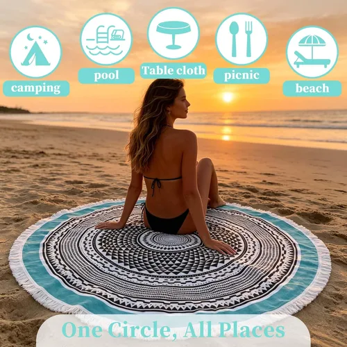 Miniatura 4 de VOOVA & MOVAS Toallas de playa redondas con borlas, manta bohemia extra grande de 59 pulgadas - 100% algodón De gran tamaño Tapete suave, negro