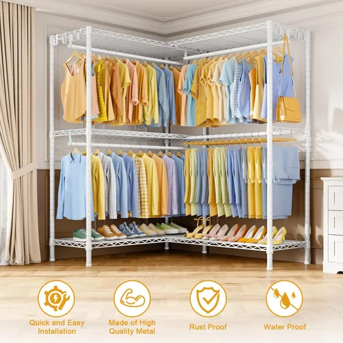Miniatura 5 de ULIFHOME E15 - Perchero en forma de L para esquina, perchero independiente para colgar ropa, organizador de armario resistente con 4 varillas