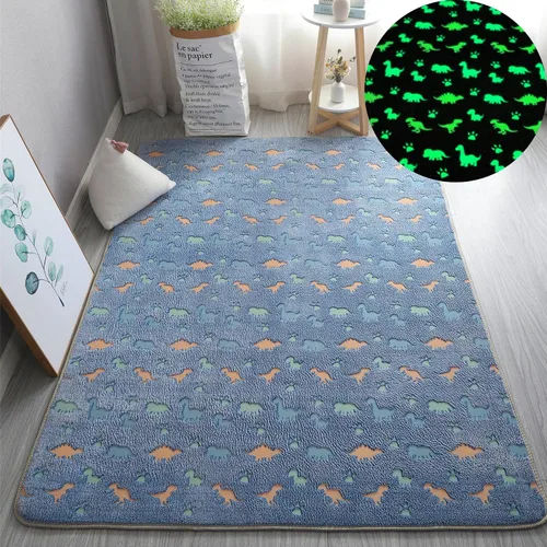 Miniatura 3 de Alfombras únicas que brillan en la oscuridad, alfombra luminosa para dormitorio de niños, bonito dinosaurio azul, 2 x 4 pies