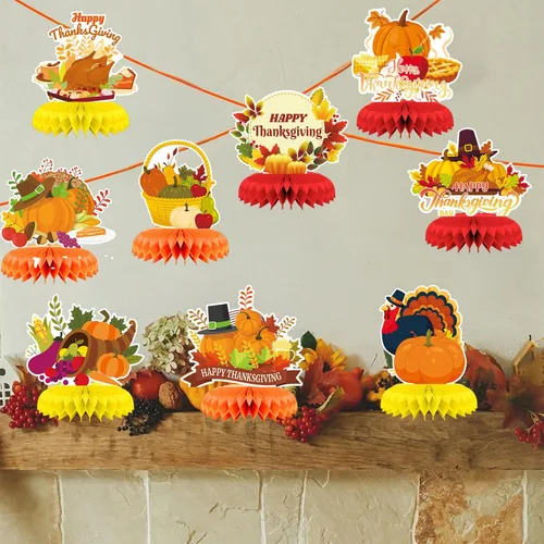 Miniatura 5 de Centro de mesa de Acción de Gracias, 9 piezas, decoración de mesa de otoño, calabaza, pavo, panal, Acción de Gracias, centro de mesa para decoración