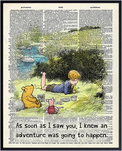 Winnie Pooh Cita Upcycled Dictionary Art - A.A. Milne - Póster de pared vintage, decoración del hogar, decoración de habitación para guardería o