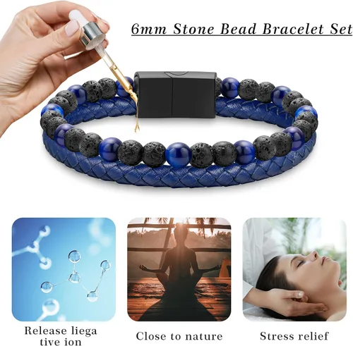 Miniatura 5 de LUXEJEW Gifts for Men - Mens Bracelet, Beaded Leather Bracelets for Men 6mm Tiger Eye Lava Rock Stone Handmade Bracelets Adjustable Stainless Steel
