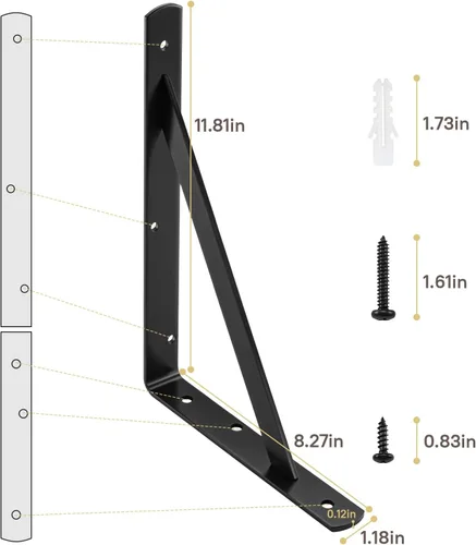 Miniatura 7 de HOME MASTER HARDWARE Soportes de estante resistentes de 12 x 8 pulgadas, capacidad de carga: 600 libras, soportes de metal negro de 90 grados
