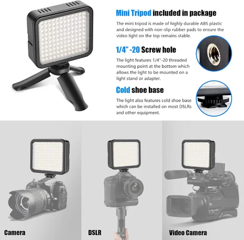 Miniatura 3 de Mettlelite VL120B Kit de luz LED de video regulable, continuo, portátil, para cámara, iluminación de fotografía, luz de video recargable con trípode