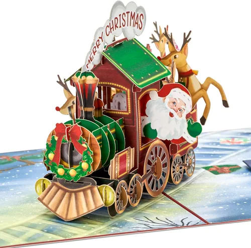 Miniatura 3 de POPWOW Tarjetas desplegables de tren de Navidad, Papá Noel, reno, tarjeta de felicitación de Navidad 3D, hermoso regalo para niños, marido, esposa