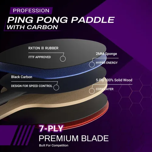 Miniatura 4 de Raquetas profesionales de ping pong, ligeras raquetas de tenis de mesa de fibra de carbono con hoja de 7 capas, esponja premium de 0.08 pulgadas