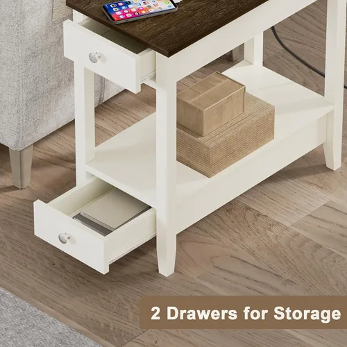 Miniatura 5 de Treocho Juego de 2 Mesas Auxiliares de Estilo Rústico para Sala de Estar, Mesa Lateral Estrecha con Estación de Carga, Mesa de Color Blanco Suave