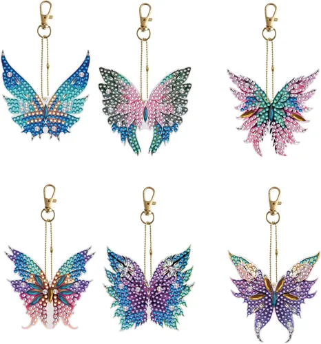 Miniatura 10 de LUSandy Juego de 6 llaveros de pintura de diamante con diseño de búho y flores azules 5D para adultos, diseño especial de búho de doble cara