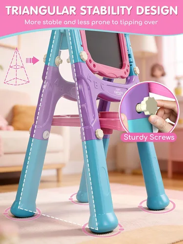 Miniatura 3 de Lehoo Castle Caballete para niños, caballete de arte para niños 4 en 1 de doble cara con pizarra blanca magnética y pizarra de tiza, caballete