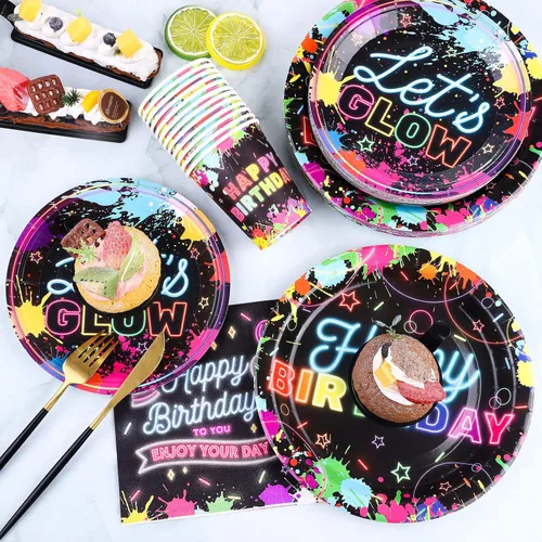 Miniatura 6 de Durony 100 piezas de suministros de fiesta de neón que brillan en la oscuridad, incluye platos de papel, vasos, servilletas, decoraciones de fiesta