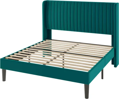 Miniatura 8 de Allewie - Base de cama tamaño Full con plataforma acolchada tapizada en terciopelo/cabecera tapizada con diseño acanalado vertical/listones de Verde