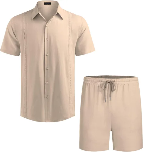Miniatura 4 de COOFANDY Conjunto de camisa y pantalón corto de lino para hombre, traje de manga corta con botones de algodón, Albaricoque