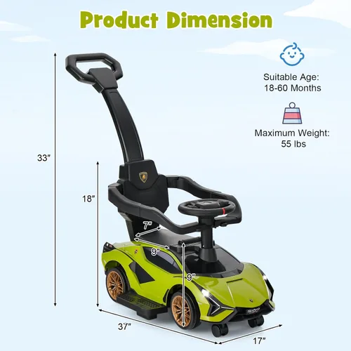 Miniatura 7 de INFANS 3 en 1 Coche de paseo con licencia Lamborghini, cochecito de bebé con empuje, coche de paseo deslizante con asa de empuje, música, USB, faro