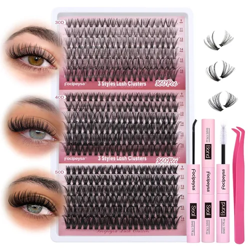 Miniatura 13 de Focipeysa Kit de Extensión de Pestañas D Curl Clusters de Pestañas 280pcs Kit de Extensión de Pestañas DIY 40D Pestañas Individuales con Adhesivo