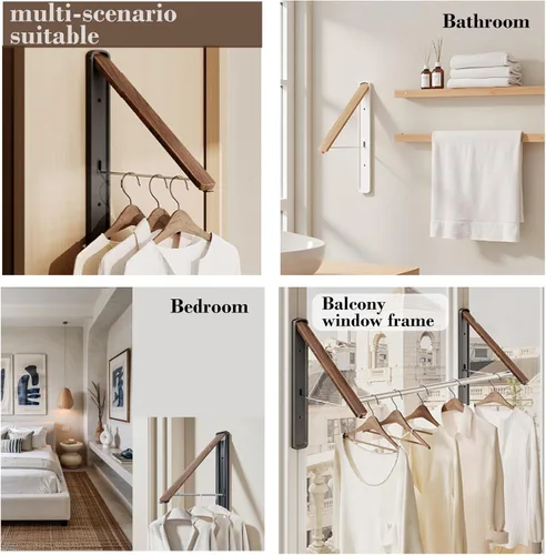 Miniatura 4 de Tendedero retráctil para montar en la pared, colgador de ropa plegable en color nogal o roble para lavandería, armario y balcón