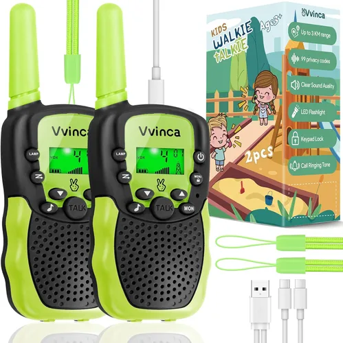 Miniatura 11 de Vvinca Walkie Talkies para niños, juguetes recargables para edades de 5 a 7 años, largo alcance, 22 canales, 2 vías, walkie talkie con linterna