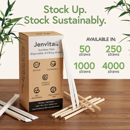 Miniatura 8 de Jenvita Pajitas biodegradables de polvo de bambú (paquete de 50) – Pajitas compostables de 7.88 pulgadas envueltas individualmente 100%