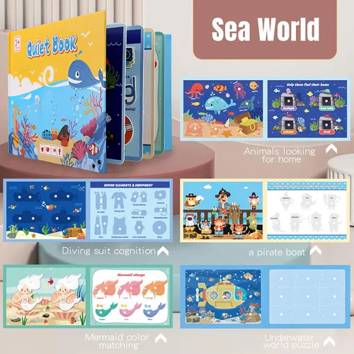 Miniatura 3 de Paquete de 4 libros silenciosos para niños pequeños, libro Montessori ocupado para niños con dinosaurio, mar, viajes, actividades de aprendizaje 4