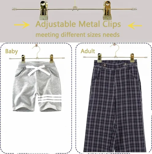 Miniatura 6 de Perchas de alambre de metal dorado de 13.8 pulgadas con clips ajustables, paquete de 30 perchas para pantalones con clips de metal, perfectas