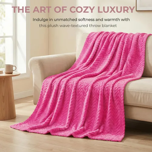 Miniatura 7 de Exclusivo Mezcla Manta para sofá, acogedora manta ligera de vellón con textura ondulada decorativa, adecuada para invierno, rosa intenso, 50 x 70