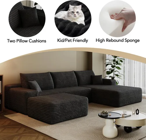 Miniatura 4 de Sofá modular sin hueso de 107.7 pulgadas, moderno sofá tapizado de pana en forma de U para sala de estar, asiento profundo con diván y otomana Negro