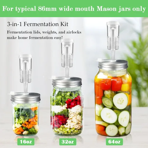 Miniatura 5 de Kit de fermentación, tapas de fermentación de acero inoxidable y pesos de vidrio para tarros Mason de boca ancha de 3.386 in (sin frascos)
