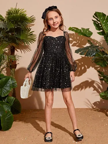 Miniatura 5 de WDIRARA Vestido de manga larga abombada con volantes y lunares para niña
