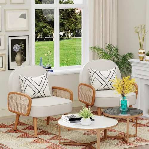 Miniatura 4 de Aklaus Silla decorativa moderna de mediados de siglo con brazos de ratán, tapizada de ratán, silla bohemia para sala de estar, dormitorio, balcón