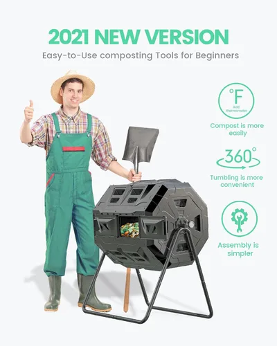 Miniatura 2 de Compostador giratorio mejorado 2021 con termómetro de compost - Contenedor de compost de jardín de cámara doble (43 galones, negro)
