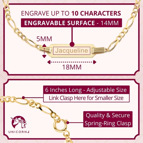 Miniatura 32 de UNICORNJ Pulsera de identificación de oro de 14 quilates grabable para niñas, niños y bebés, pulseras personalizadas con nombre de cadena Figaro