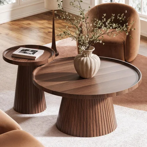 Miniatura 6 de win2win Juego de 2 mesas auxiliares anidadas, mesa de centro moderna de mediados de siglo con chapa de grano de madera, mesa de té redonda acanalada