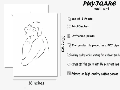 Miniatura 2 de PUYIQARE Dibujo de línea pareja abrazo a mano lienzo arte de pared, impresión minimalista de lienzo de dibujo de líneas, arte de pareja en blanco