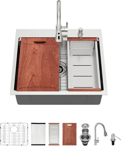 Miniatura 24 de Fregadero de cocina de 25 pulgadas, fregadero de un solo cuenco, color negro mate, calibre 18, 25 x 22 pulgadas, acero inoxidable, montaje superior