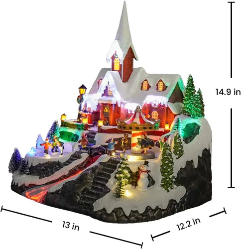 Miniatura 6 de Casa de iglesia de pueblo navideño de 15 pulgadas, escena animada de invierno con patinadores, carrusel giratorio, luces de fibra óptica y música