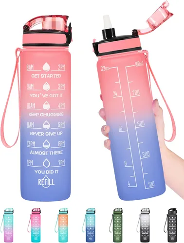 Enerbone Botella de Agua, A Prueba de Fugas Sin BPA y Tóxicos, Botella de Agua Motivacional con Horarios para Beber y Pajita, Botella de Agua