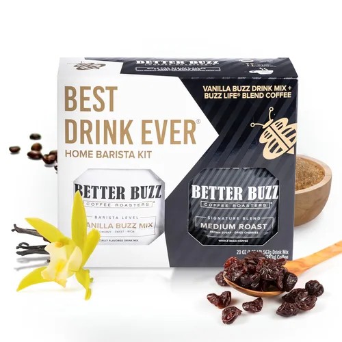 Kit Portátil para el Hogar Mejor Bebida de Better Buzz 30oz, 10oz de Café Grano Entero Tostado Medio (Vida Buzz), 20oz de Crema en Polvo para Café