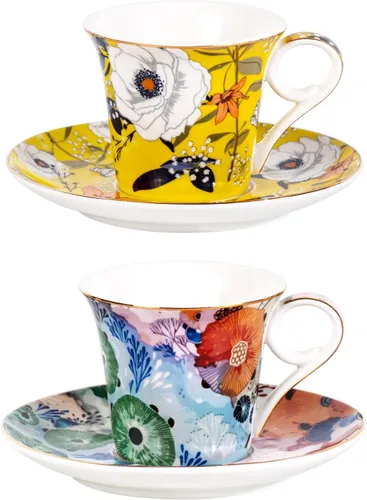 KAMMAK - Juego de 2 tazas de té y platillos, tazas de café de porcelana reforzadas, tazas de expreso apilables de 5.7 onzas, demitasses de cerámica