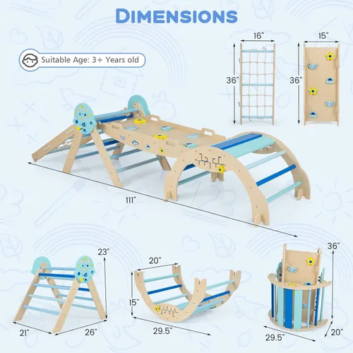 Miniatura 3 de HONEY JOY Pikler - Juego de triángulos plegables 9 en 1 con arco, rampa, cuerda de escalada y escalera, parque infantil interior para bebés, Azul